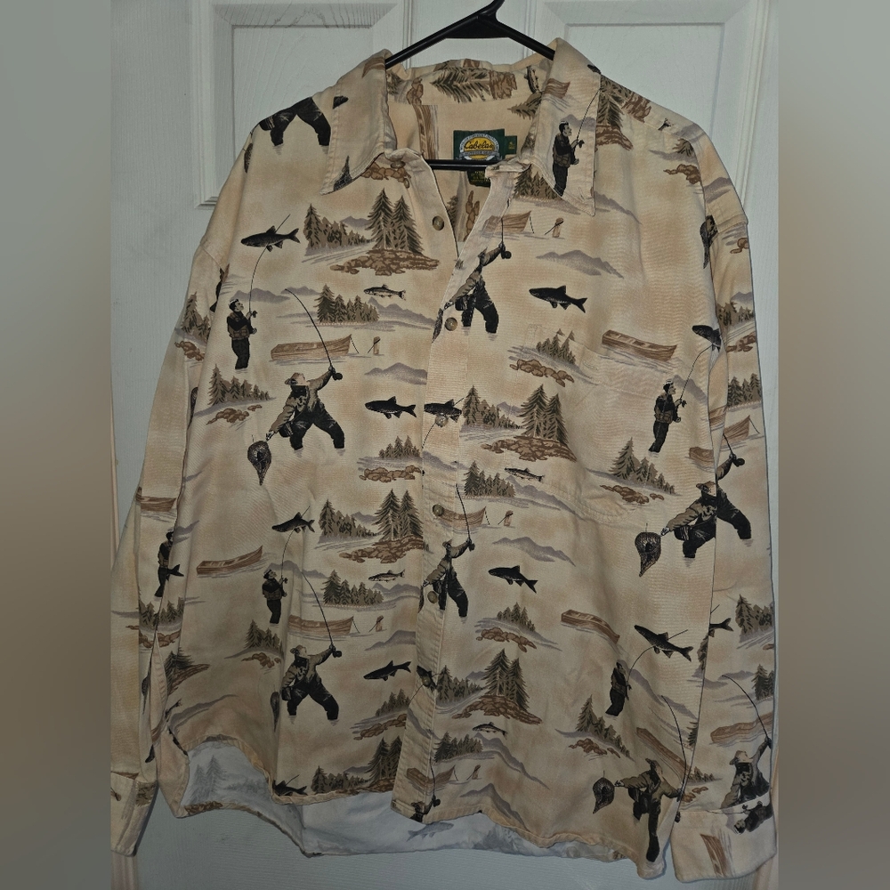 Men's Cabelas Beige Fishing Print Shirt XL